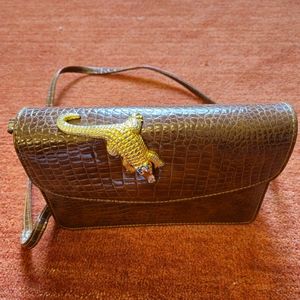Vintage Alligator Faux Skin Handbag Goldtone Animal Figurine Brown Crossbody